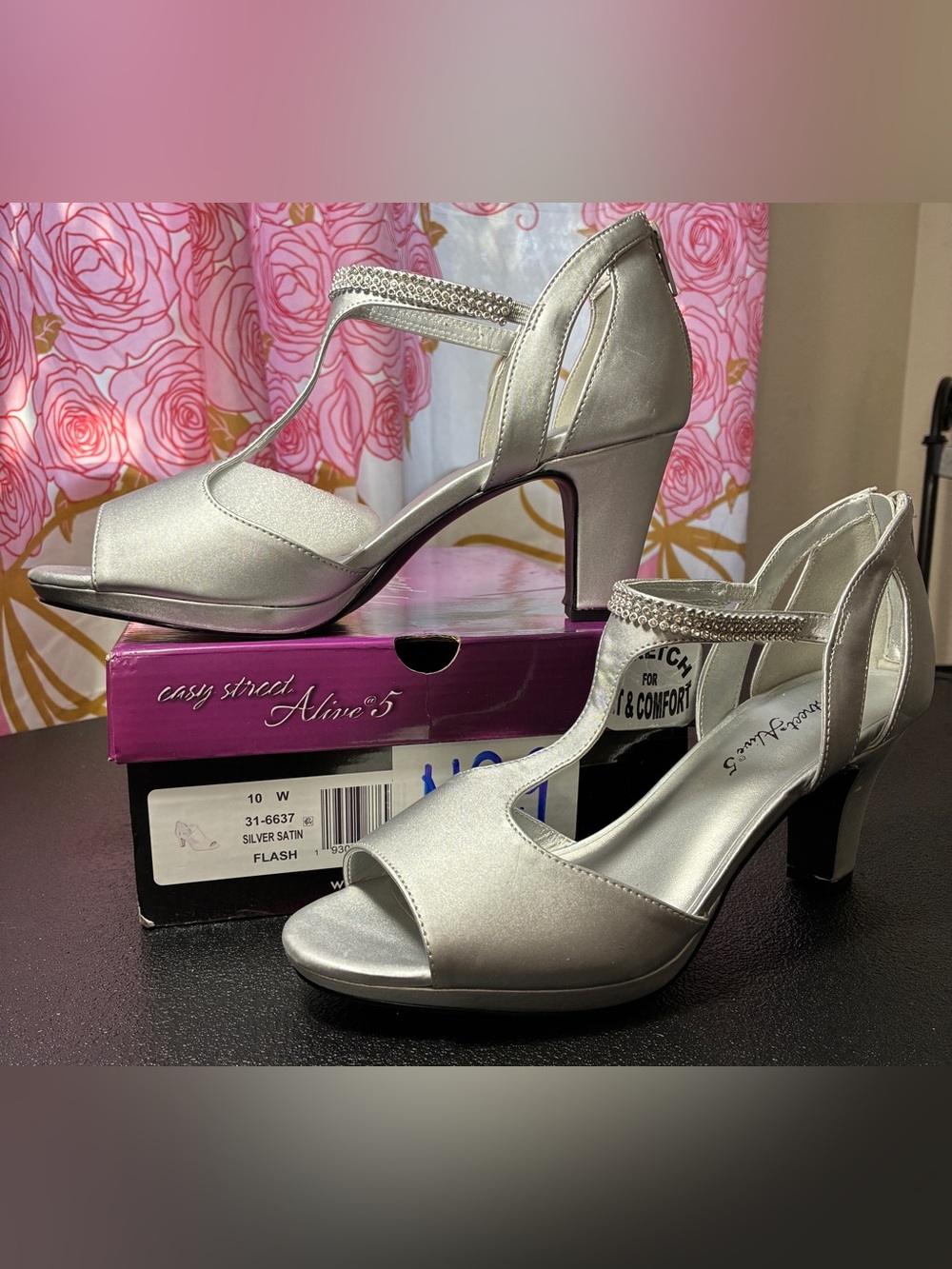 Easy Street Alive @ 5 Flash Silver Satin T-Strap Dress Heels with Sparkle Trim